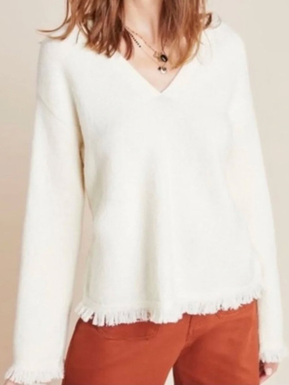 Anthropologie Cream V-Neck pullover Sweater with Fringe